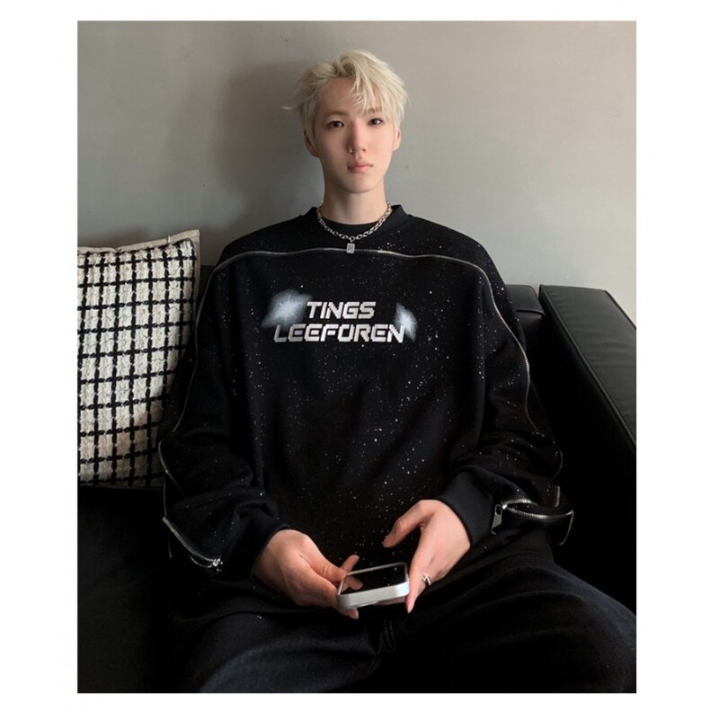 现货美式双拉链拼接卫衣男满天星圆领廓形插肩袖外套W89-P78,女装短外套,电商C307A
