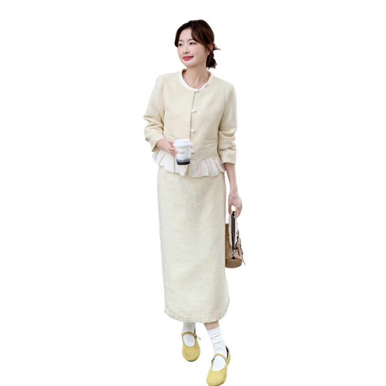 -2026年春季纯色拼接花边休闲时尚小香风两件套套装外套女,女装套装/套裙,1D102-1