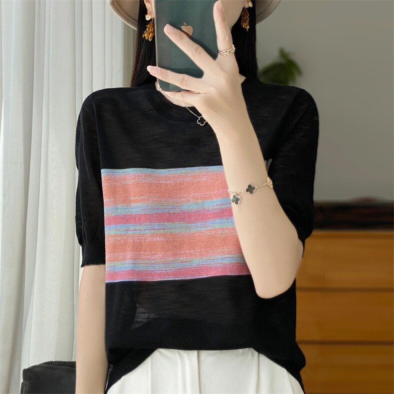 断码清竹节麻短袖女夏季圆领条纹拼色薄款半袖上衣2104图片