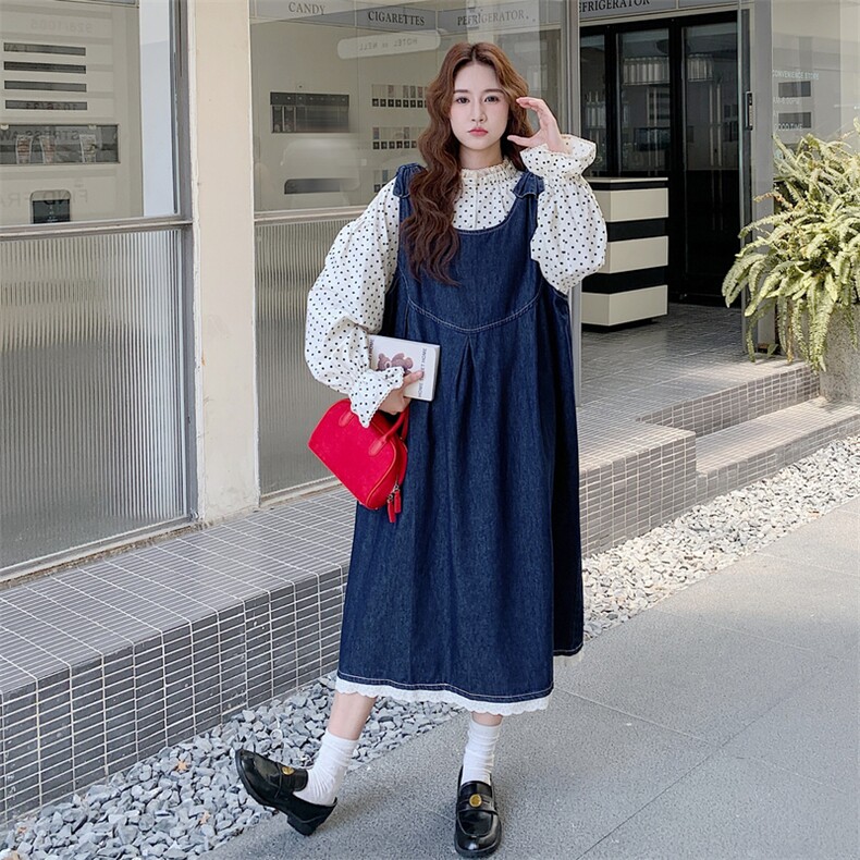 休闲减龄穿搭牛仔背带连衣裙女春秋超火好看高级小众气质长裙套装,女装套装/套裙,2C056