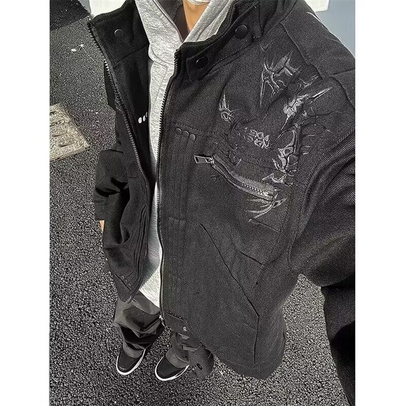 机车棒球服外套男春秋季牛仔工装休闲宽松情侣夹克上衣 JK12图片