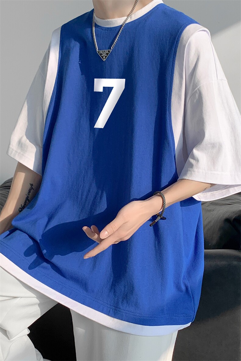 港风纯棉夏季休闲宽松假两件拼色短袖T恤男女潮T6509P35控48,男装T恤,电商A268A