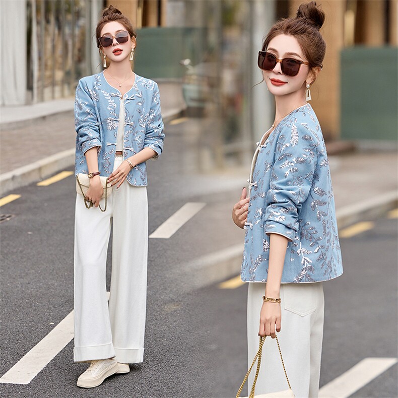 新中式牛仔重工刺绣亮片外套，女装短外套，玖莱伊