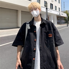 2024美式工装牛仔短袖衬衫男宽松纯色半袖衬衣外套CC983P55，男装衬衫，星座1108
