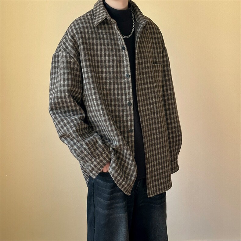 2025春新款呢子外套宽松休闲格子呢料衬衣外套A351-AJ2552-P75,男装衬衫,电商A351
