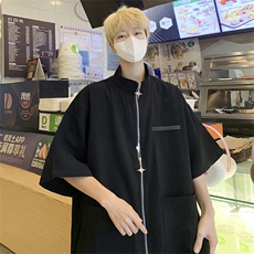 夏季短袖翻领衬衫男美式复古衬衣华夫格双拉链衬衫CS01270-P45，男装衬衫，星座308B-1