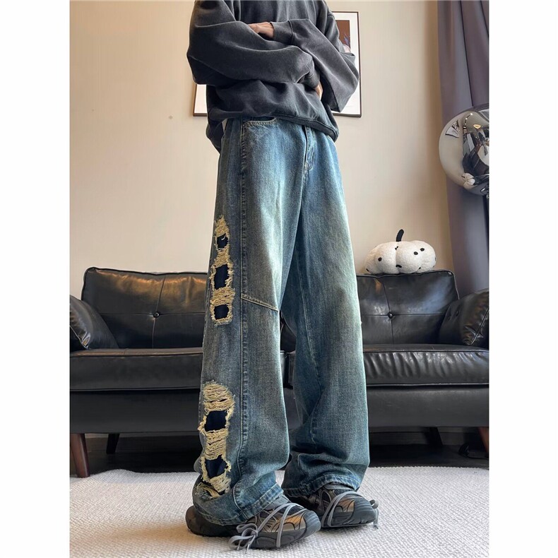 N133-P60美式复古磨破做旧牛仔裤潮牌水洗宽松直筒阔腿裤，男装牛仔裤，电商B327
