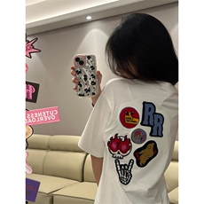 万针全刺绣工艺得物抖音高品质260克纯棉双纱美式高街短袖T恤P33，男装T恤，电商A486-1