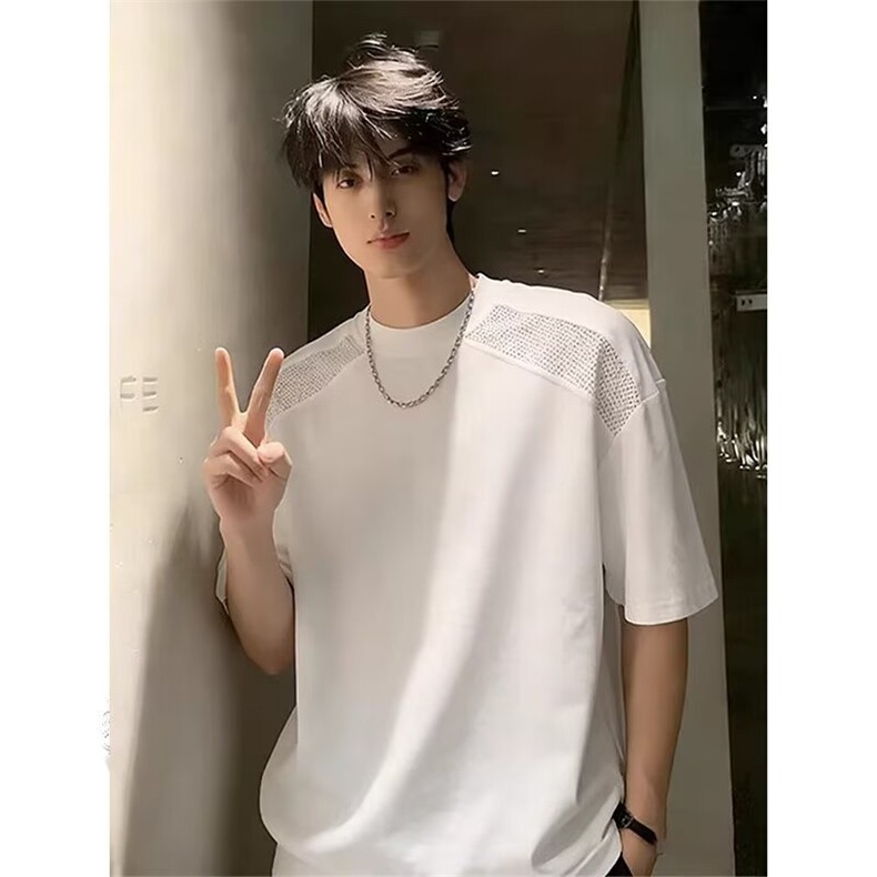 潮牌美式网眼拼接短袖T恤男女夏季宽松情侣重磅上衣513DT3509P22,男装T恤,星座513