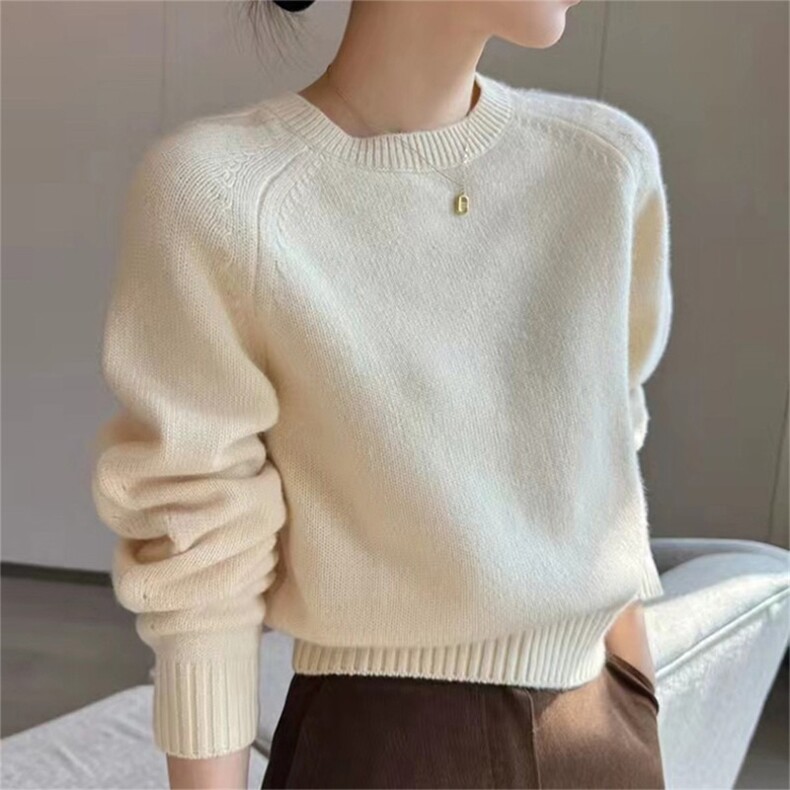 时尚百搭女士圆领羊毛衫简约纯色宽松显瘦毛衣,女装羊毛衫,泰沅羊绒