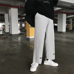 春夏灰色运动裤子男韩版潮流宽松九分毛边直筒裤阔腿长裤休闲卫裤图片