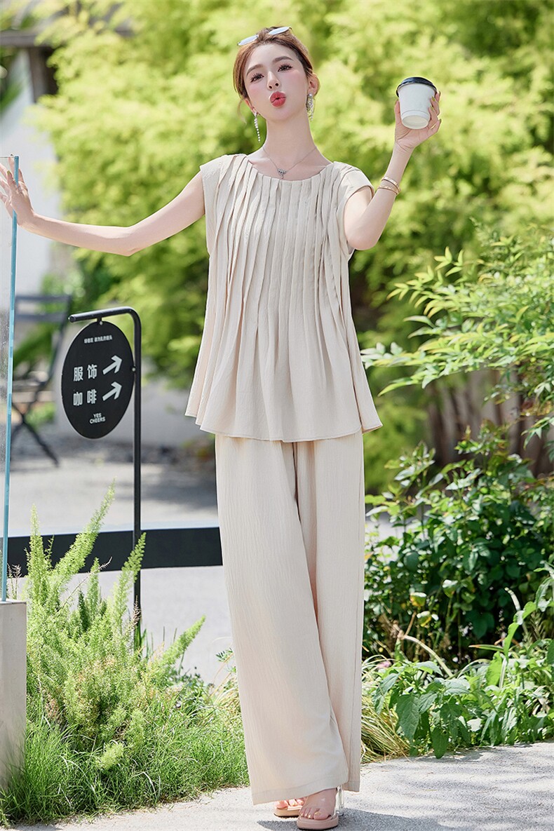 夏季新款2025时尚套装女高级感宽松圆领短袖高腰显瘦阔腿裤两件套,女装套装/套裙,米雪儿