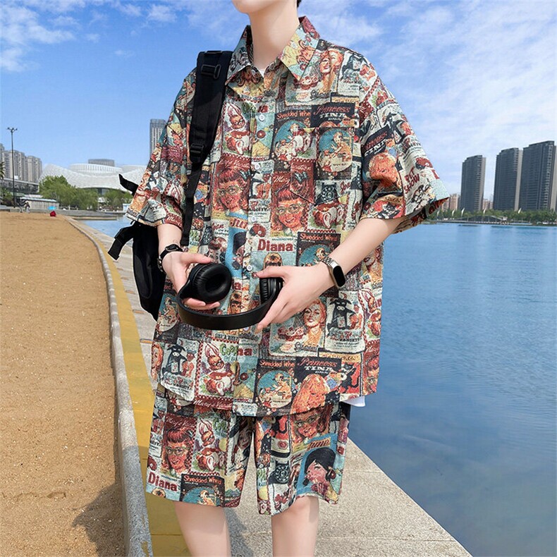 夏季海边沙滩男女同款休闲套装潮牌宽松大码XZ102B-1-TZ2561P55,男装休闲套装,星座102B-1