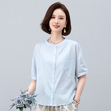 纯棉短袖衬衫女夏季2025年新款中年妈妈宽松休闲简约圆领衬衣上衣，女装衬衫，叶笙衣