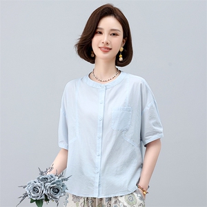 纯棉短袖衬衫女夏季2025年新款中年妈妈宽松休闲简约圆领衬衣上衣图片