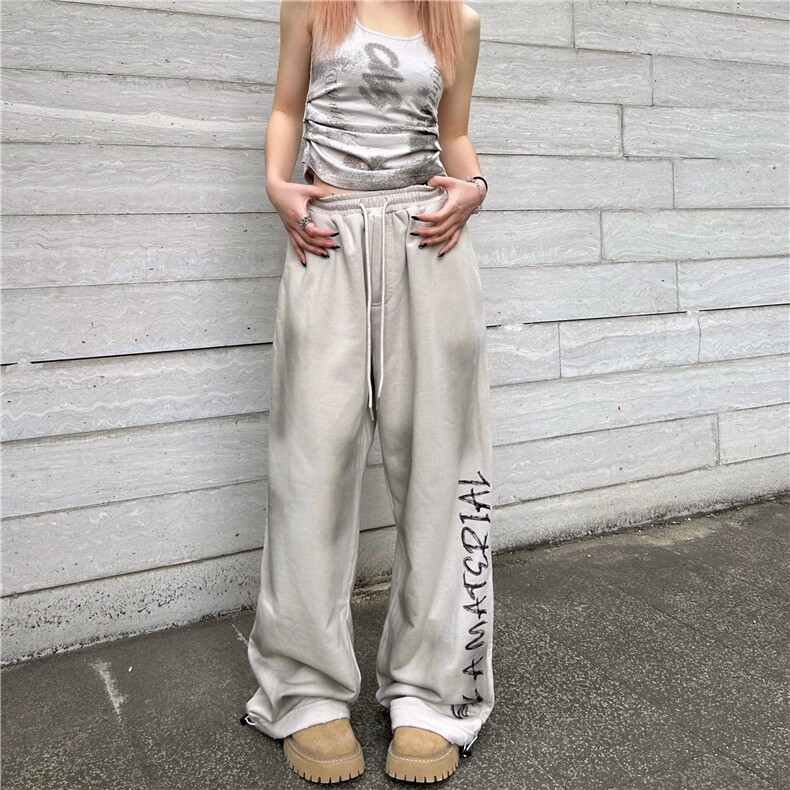 DBK30-P50美式字母运动阔腿休闲卫裤长裤做旧水洗宽松情侣裤子,男装休闲裤,星座603-2