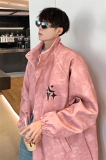 港风PU皮复古做旧可拆卸四芒星胸针设计夹克男JK77757P90控128，男装夹克，星座227-7