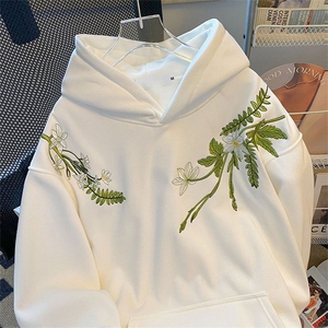 白色花卉刺绣连帽卫衣男女款秋新中式上衣美式情侣装WYE02 P46图片
