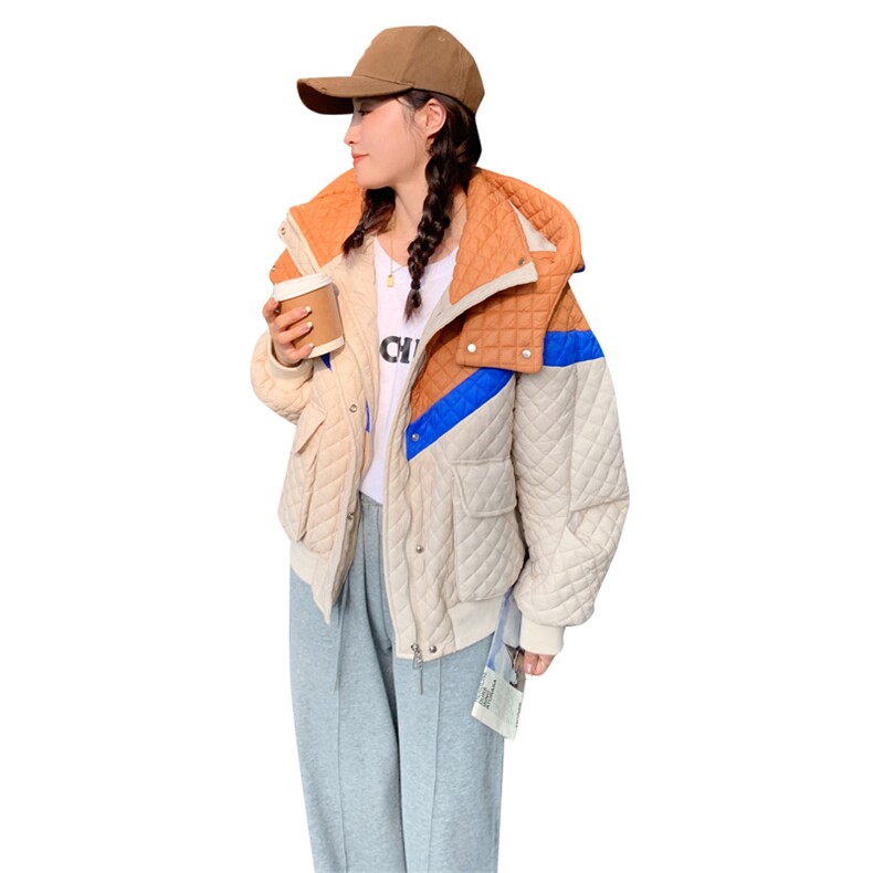 新款现货小个子撞色菱形格棉衣,女装棉衣/棉服,菡迪欧娜