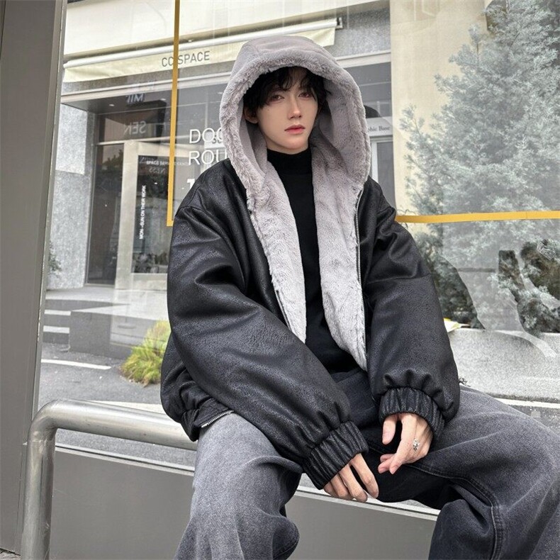 xz514-816-P125新款上架【座山雕】毛绒连帽棉服黑加绒,男装棉衣,星座514