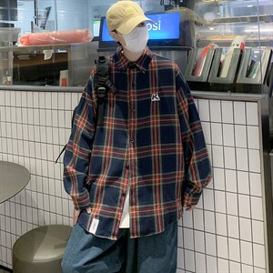C83潮牌宽松酒红色格子衬衫男女情侣街头流行通勤长袖衬衣薄外套图片