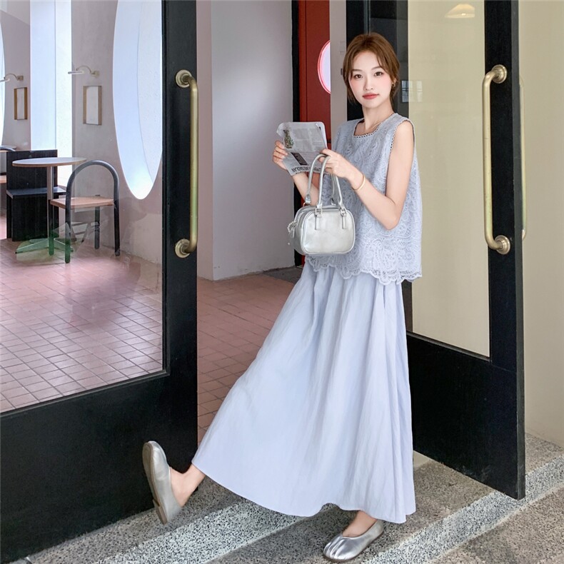 法式灰蓝色蕾丝背心半身裙套装女夏2025新款两件套夏日漂亮巨好看,女装套装/套裙,2C236