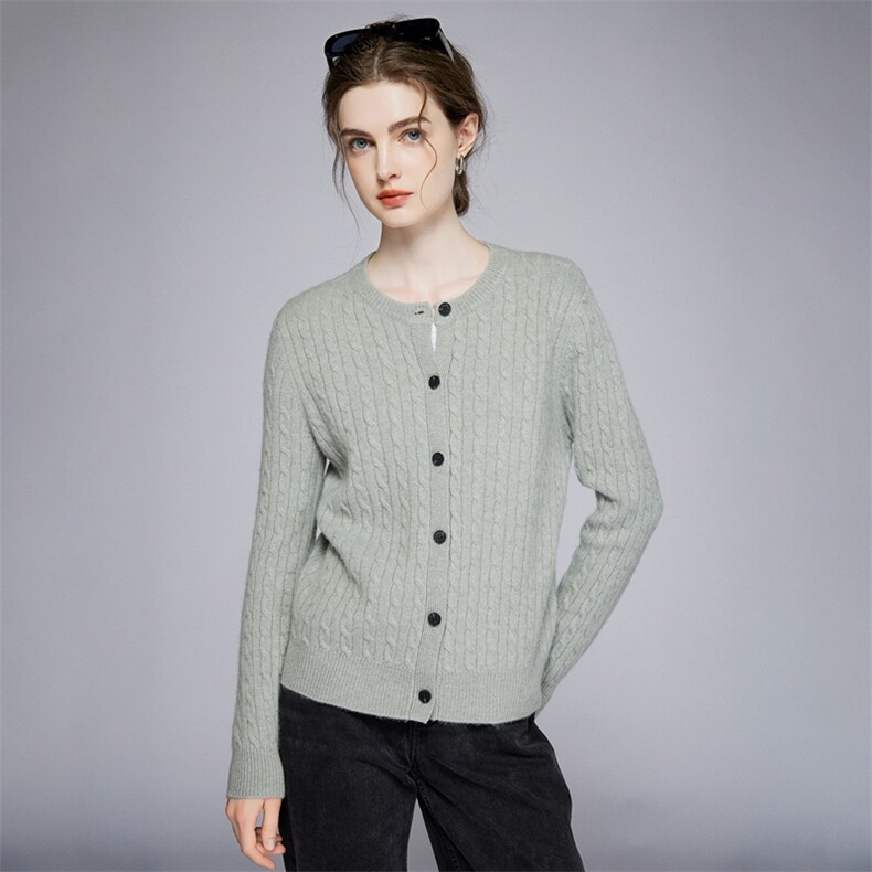 2025年秋季常规常规款长袖麻花舒适时尚百搭通勤开衫，女装针织衫/毛衣，宛咚羊绒