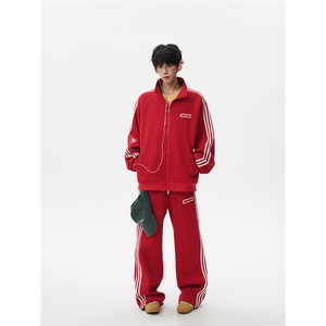 8XL-M条纹撞色开衫新年红卫衣运动套装潮牌运动服校园风TZ114P118图片