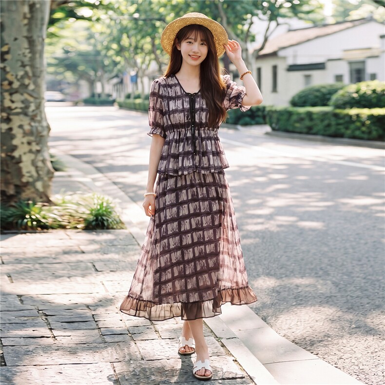 时尚休闲格纹显瘦系带上衣木耳边半裙超仙两件套女,女装套装/套裙,水衣源