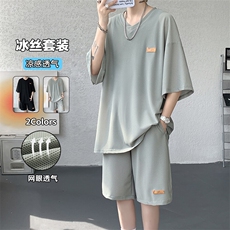 特批P60无差价夏季大码透气网眼冰丝V领速干薄款两件套装男TZ5589，男装休闲套装，电商A001-1