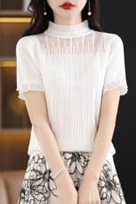 优雅蕾丝边仿羊毛短袖针织衫精致半高领设计展现女性魅力，女装针织衫/毛衣，桦兴羊绒