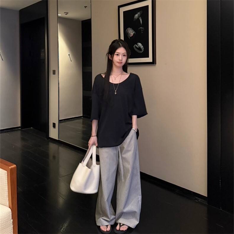 1183-P58【现货】线条艺术家法式优雅蕾丝拼接条纹直筒休闲裤,男装休闲裤,电商B323A