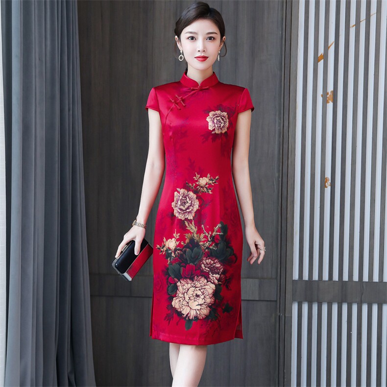 2024春夏季新款专柜品质真丝高奢时尚修身中长款婚礼旗袍连衣裙，女装连衣裙，小荷流