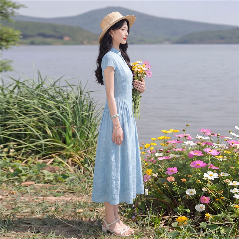 复古气质连衣裙女夏季新款女神范时尚收腰显瘦减龄中长款裙子,女装连衣裙,水衣源