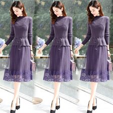 2022冬季新款时尚舒适A字蕾丝边裙摆两件套毛衣连衣裙，女装连衣裙，魅丽静蓝