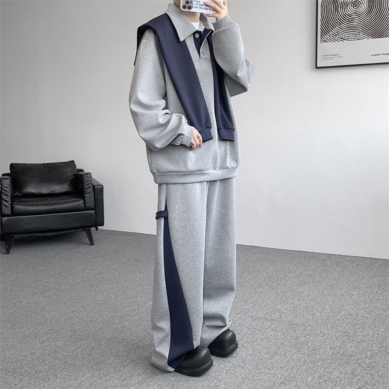 5XL-M潮流高级感披肩撞色拼接翻领百搭卫衣宽松弯刀长裤TZ113P118,男装休闲套装,电商D206-1