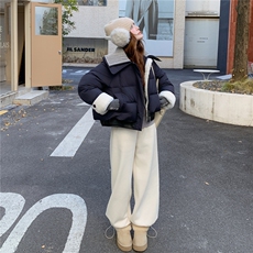 针织领羊羔毛PU皮拼接藏青50绒羽绒服2C206-L677-P295-K448，女装羽绒服，2C206