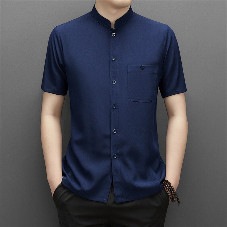 夏男式薄款短袖风纽扣休闲衬衫中老年爸爸装唐装，男装民族服装，电商B360