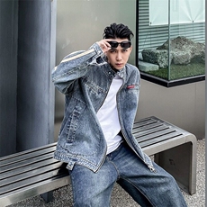Q60/P79美式潮牌做旧水洗立领牛仔外套男女宽松情侣休闲夹克，男装工装外套，星座1506