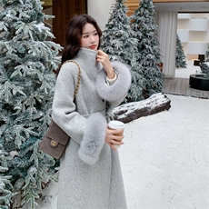 现货双旦主推款双面羊毛呢过膝长袖狐狸毛可拆卸加厚羊毛大衣，女装双面呢大衣，丝露怡语