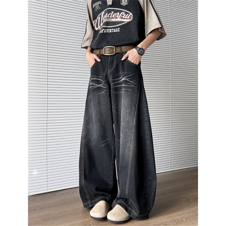 XZ-221-5/K2024/P55美式高街慵懒松驰高级感情侣弯刀牛仔裤，男装牛仔裤，星座221-5