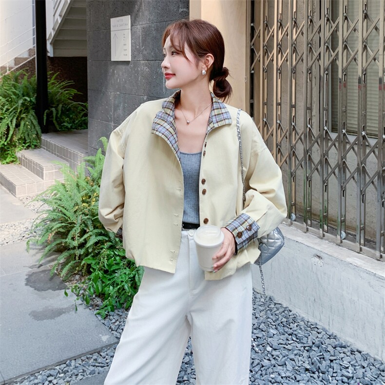浅黄色格子拼接短款外套女2025年春秋季新款韩版宽松显瘦夹克上衣,女装短外套,2C056