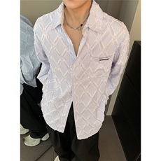 2025蓝色菱格磨毛长袖衬衫那女设计小众宽松衬衣外套CS90-P58，男装衬衫，电商C307