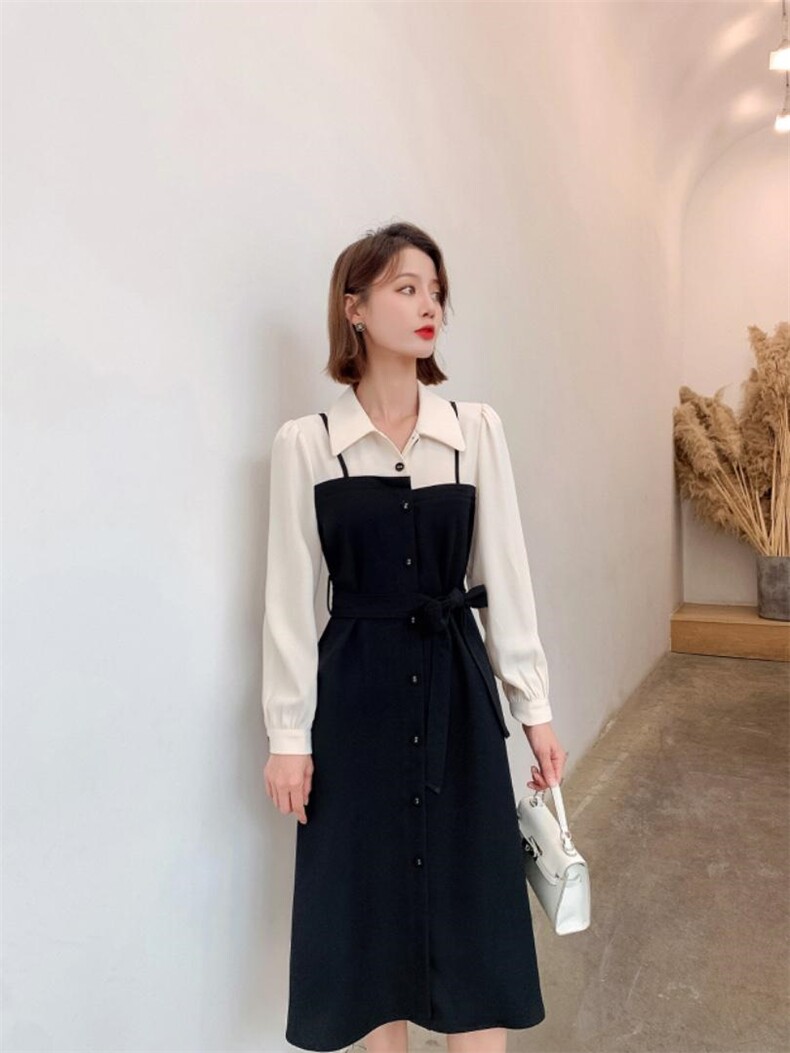 秋冬新款时尚韩版宽松拼色连衣裙，女装连衣裙，荷塘月色