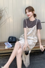 韩版淡人慵懒风连衣裙套装女2025夏季新款T恤裙流苏罩衫两件套装，女装套装/套裙，浪娴服饰