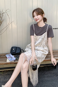 韩版淡人慵懒风连衣裙套装女2025夏季新款T恤裙流苏罩衫两件套装图片