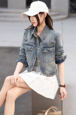 BAO春季新款美式复古短款牛仔外套水洗设计感宽松百搭夹克上衣女，女装牛仔外套，跑量工厂店