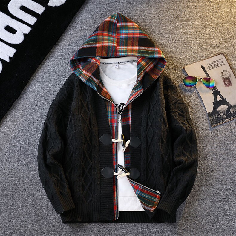 【抖音得物】2025年秋季时尚毛衣针织开衫连帽假两件长袖，男装针织衫/毛衣，电商A113