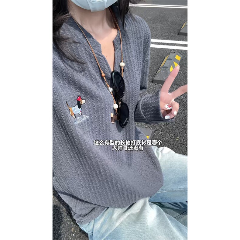 肌理感腊肠狗刺绣V领长袖T恤男秋季潮牌慵懒风宽松痞帅内搭打底衫，男装T恤，星座809A(原222-1)