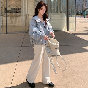 蓝色连帽冲锋衣外套女2025春秋季新款设计感休闲显瘦工装夹克上衣图片